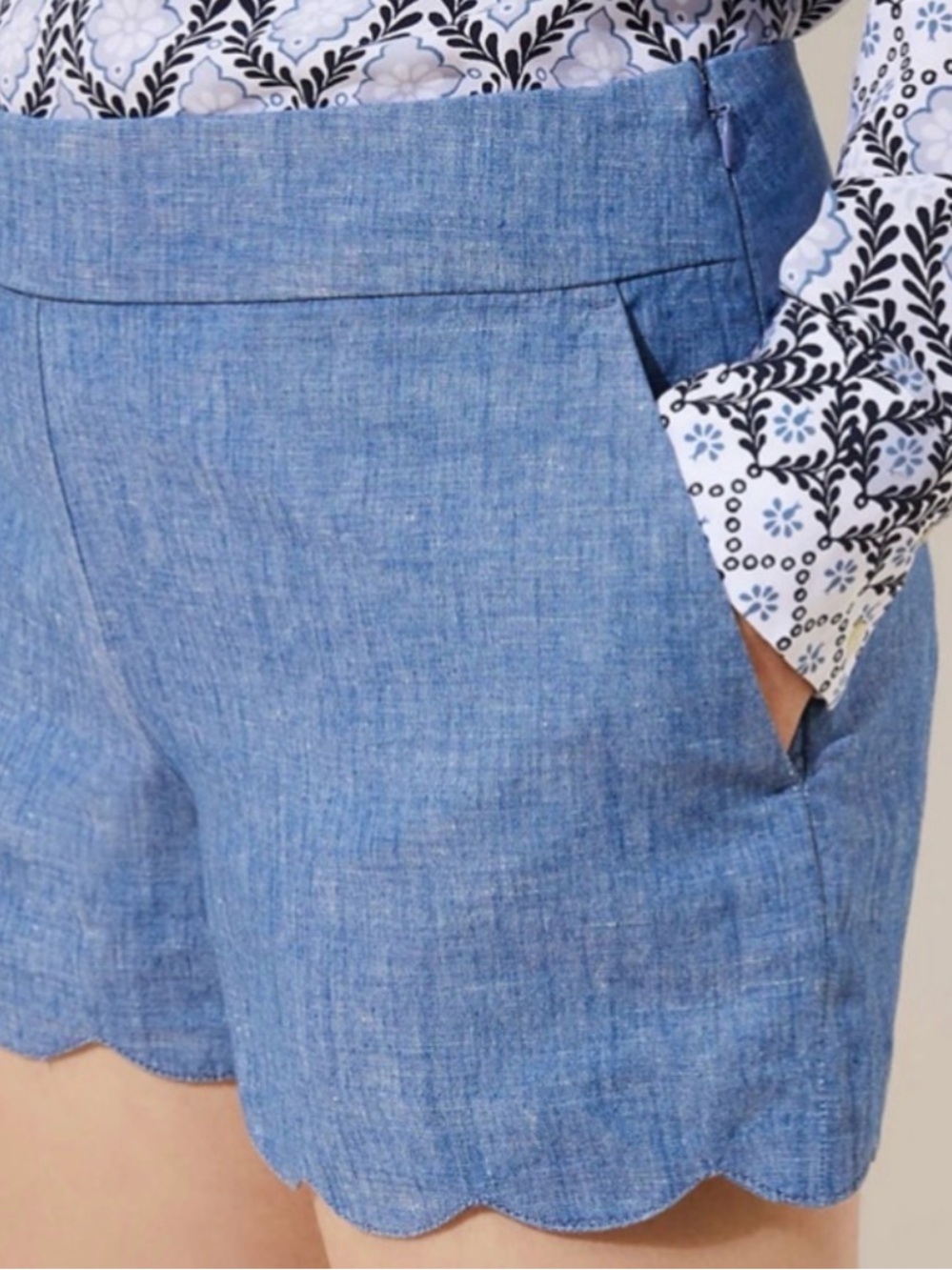 LOFT Chambray Scallop-Hem Bermuda Shorts in Light Blue